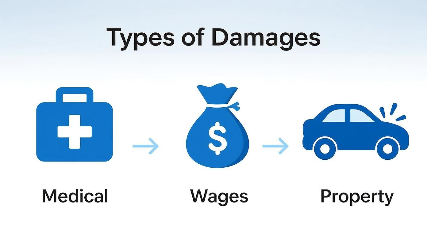 Infographic showing the types of special damages including medical, wages, and property, represented by a first aid kit, money bag, and car crash icon.