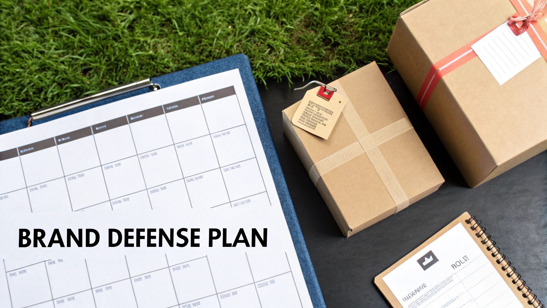 A 'BRAND DEFENSE PLAN' document on a clipboard, surrounded by packaged goods, symbolizing business protection.