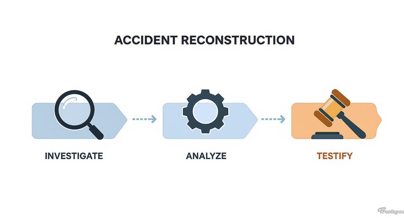 Infographic showing three steps of accident reconstruction: investigate, analyze, and testify with icons.