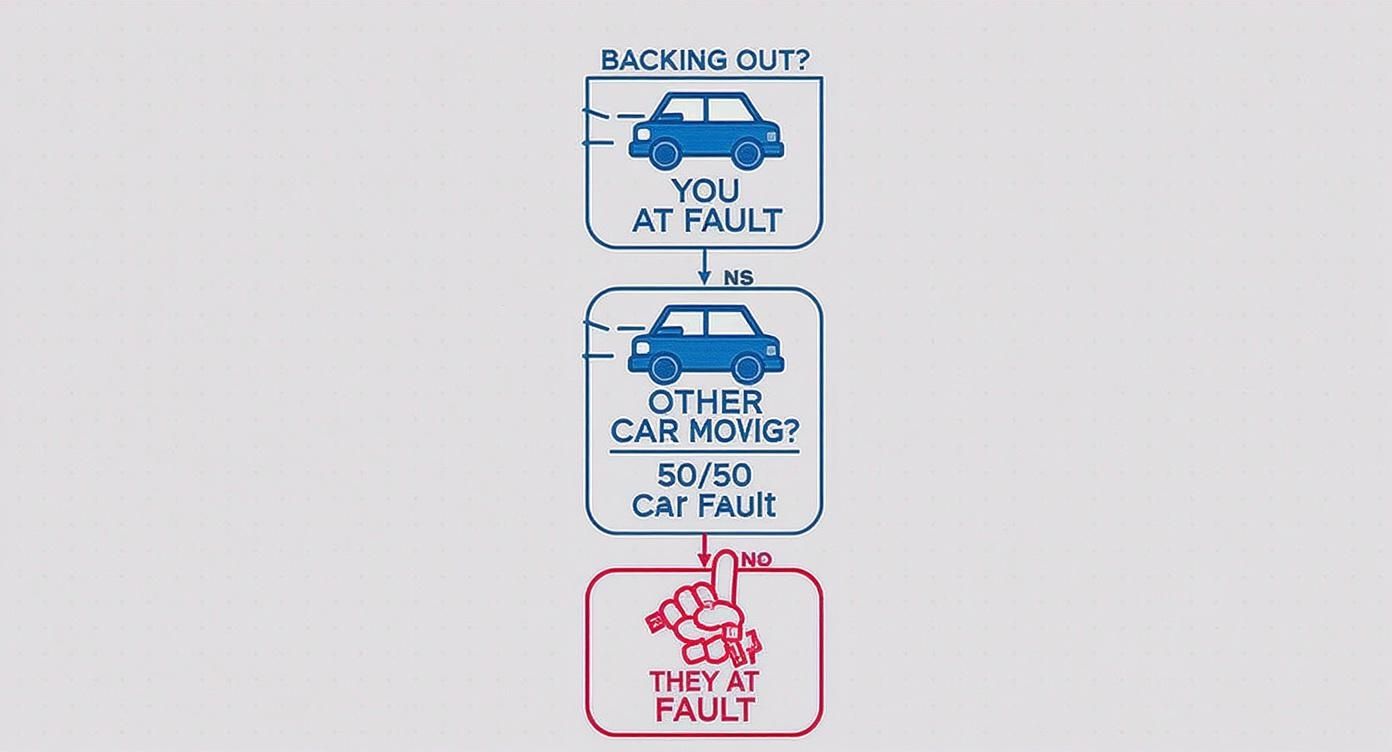 Flowchart showing fault determination for parking lot backing accidents between two vehicles