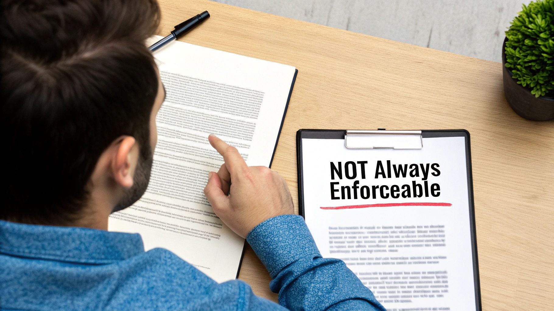A person reviews legal documents on a wooden desk, with one titled "NOT Always Enforceable".