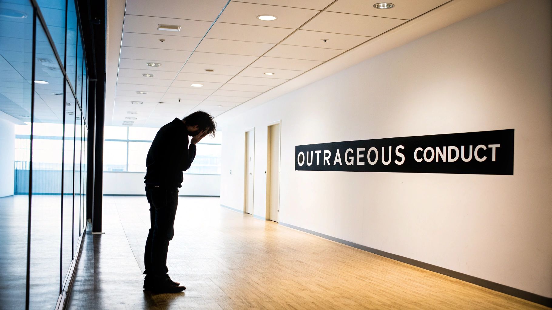 A distressed person stands in a modern hallway with hands covering their face, next to an 'OUTRAGEOUS CONDUCT' sign.