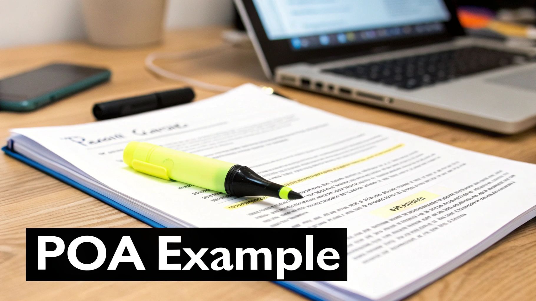A document with highlighted sections and a yellow marker, featuring a 'POA Example' text overlay.