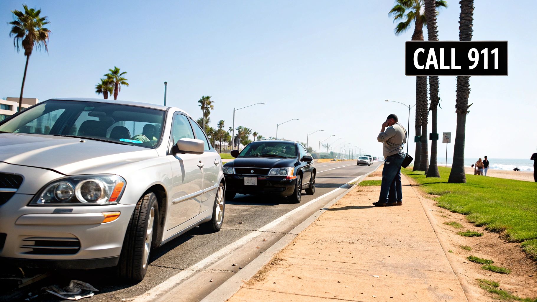 A silver car stopped on a roadside with a man calling 911, indicating a car accident.