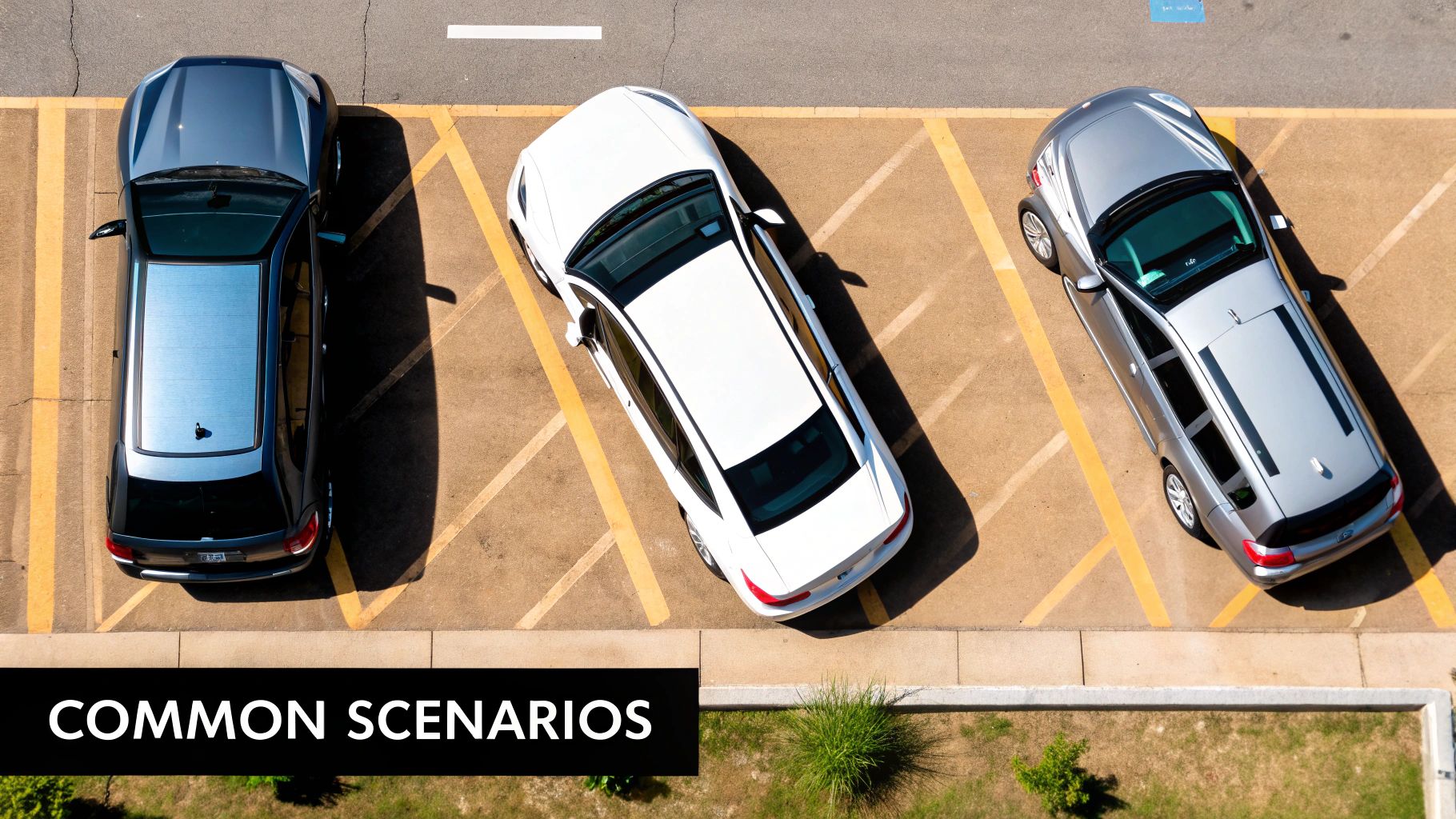 Aerial view of three parked cars in angled parking spaces with yellow lines