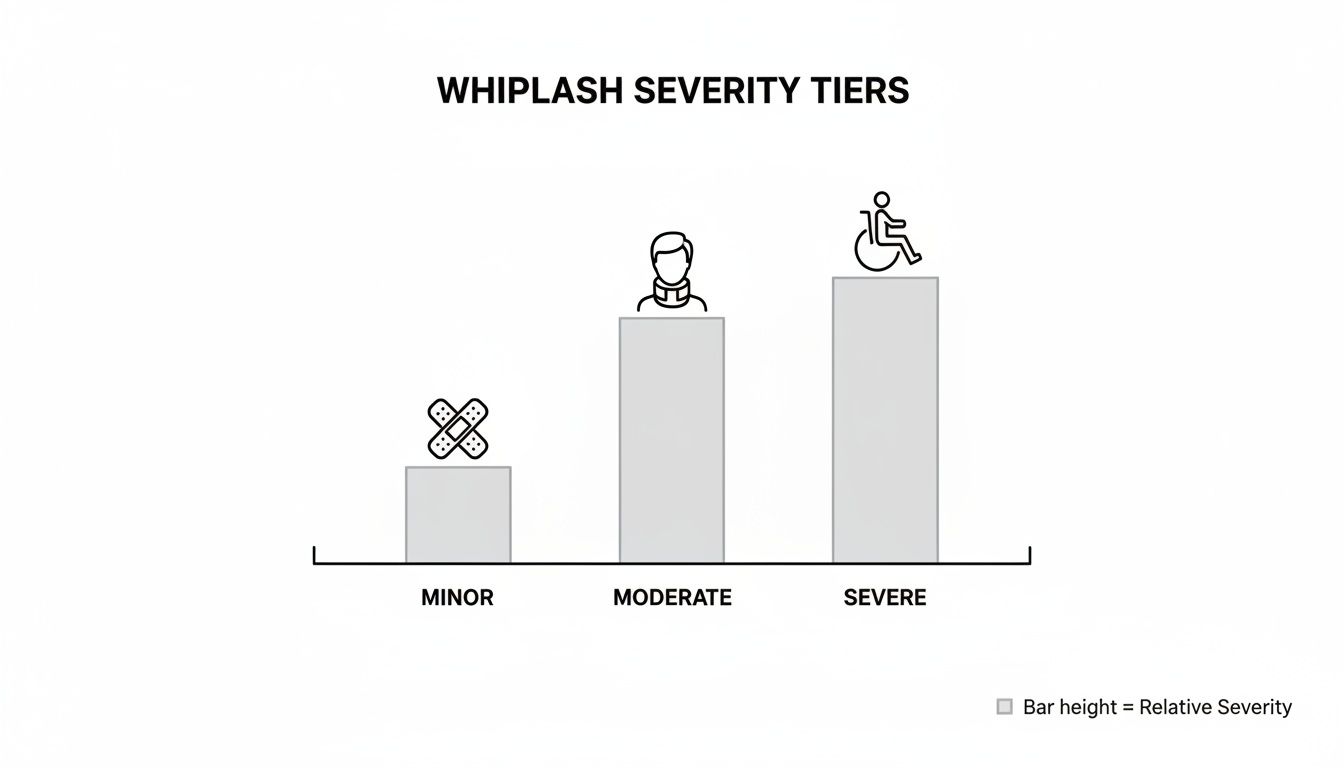 A bar chart illustrating whiplash injury severity tiers: Minor, Moderate, and Severe, with corresponding icons.