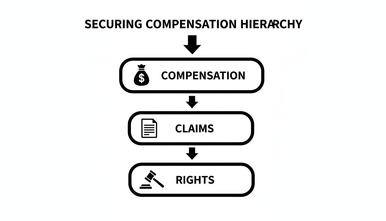 A flowchart illustrates the securing compensation hierarchy: Compensation, followed by Claims, then Rights.