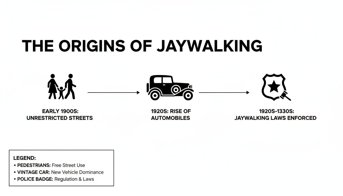 A timeline infographic detailing the origins of jaywalking from unrestricted streets to legal enforcement.