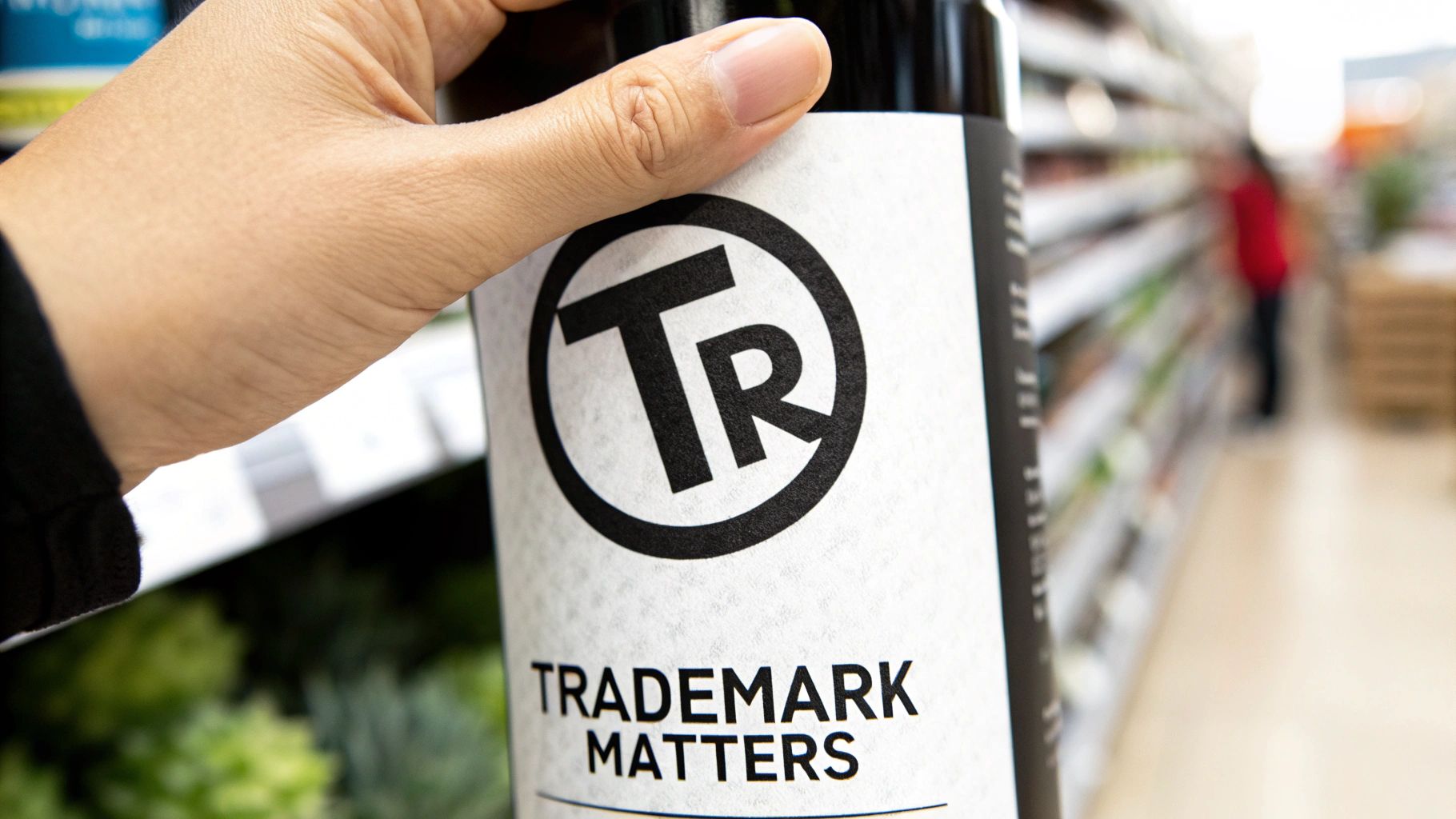 A hand holding a product bottle with a 'TRADEMARK MATTERS' label and TR logo in a retail store.