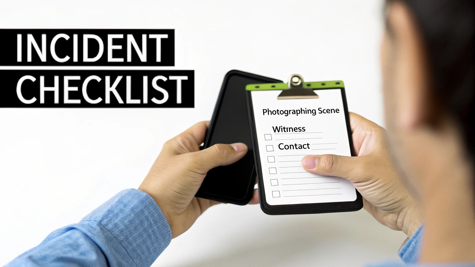 Hands hold a clipboard with an "Incident Checklist" for photographing a scene and noting witness contact.