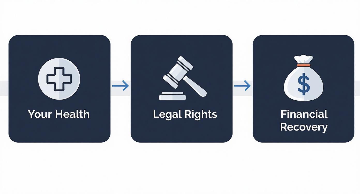 A flowchart depicting three steps: 'Your Health' (medical cross), 'Legal Rights' (gavel), and 'Financial Recovery' (money bag).