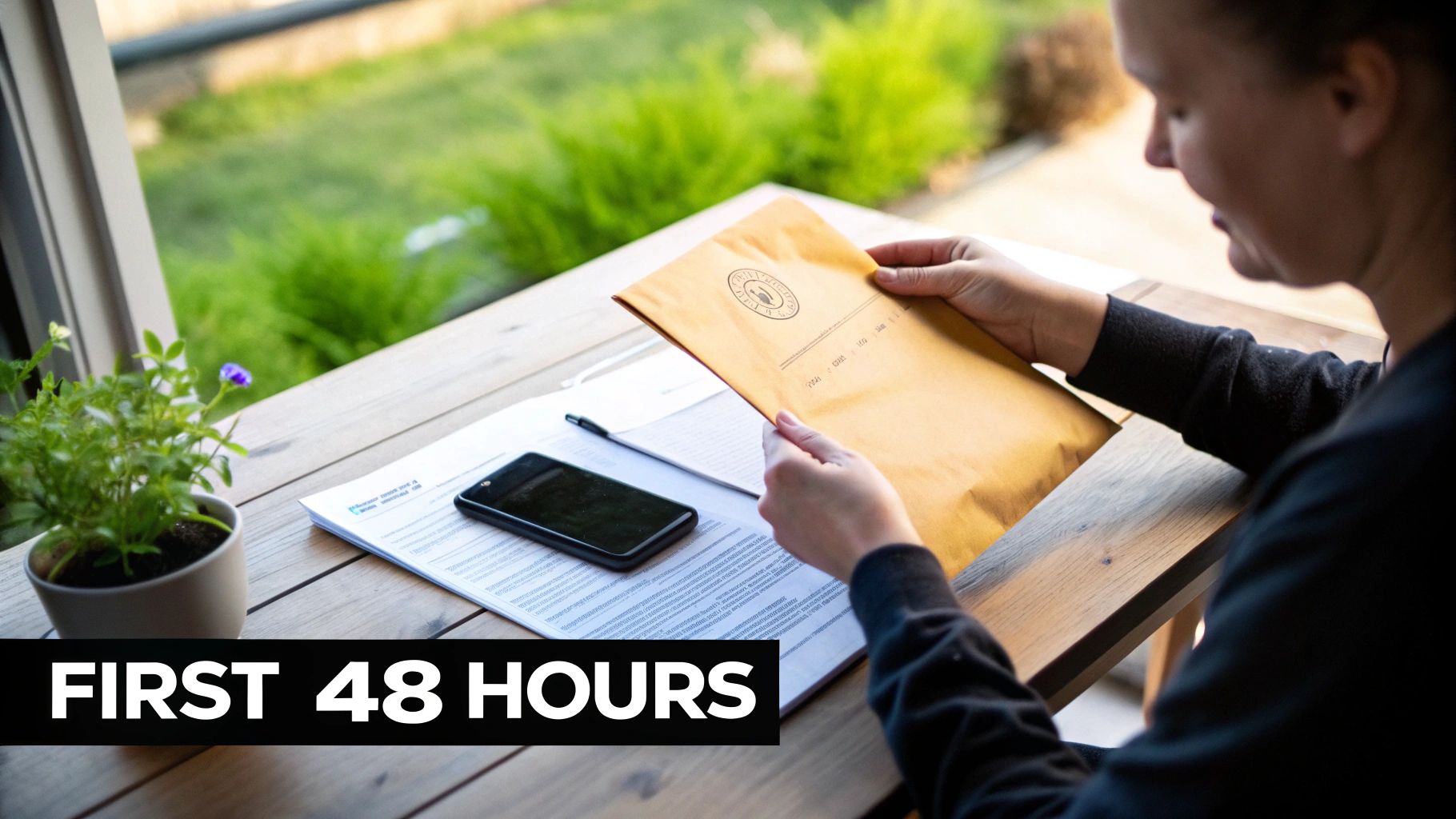 Person opens a brown envelope with documents, a phone, and a plant on a wooden table.