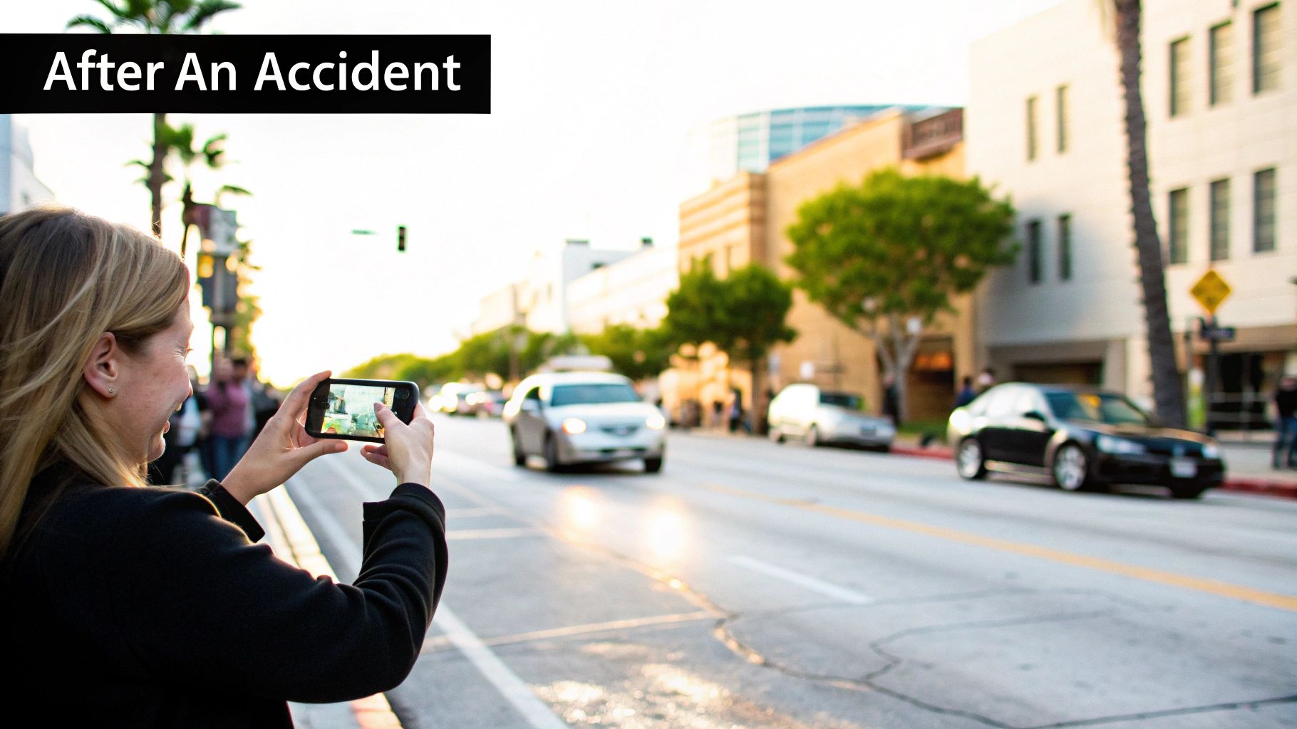 A woman photographs a bustling city street with cars and buildings using her smartphone after an accident.