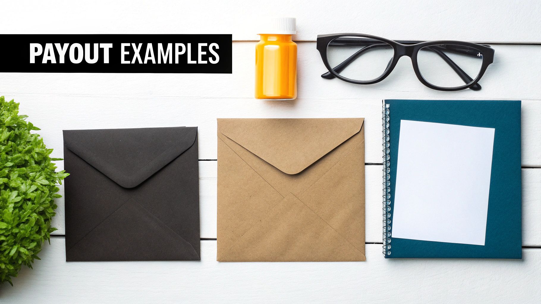 Various objects like envelopes, a pill bottle, glasses, and a notebook for payout examples.