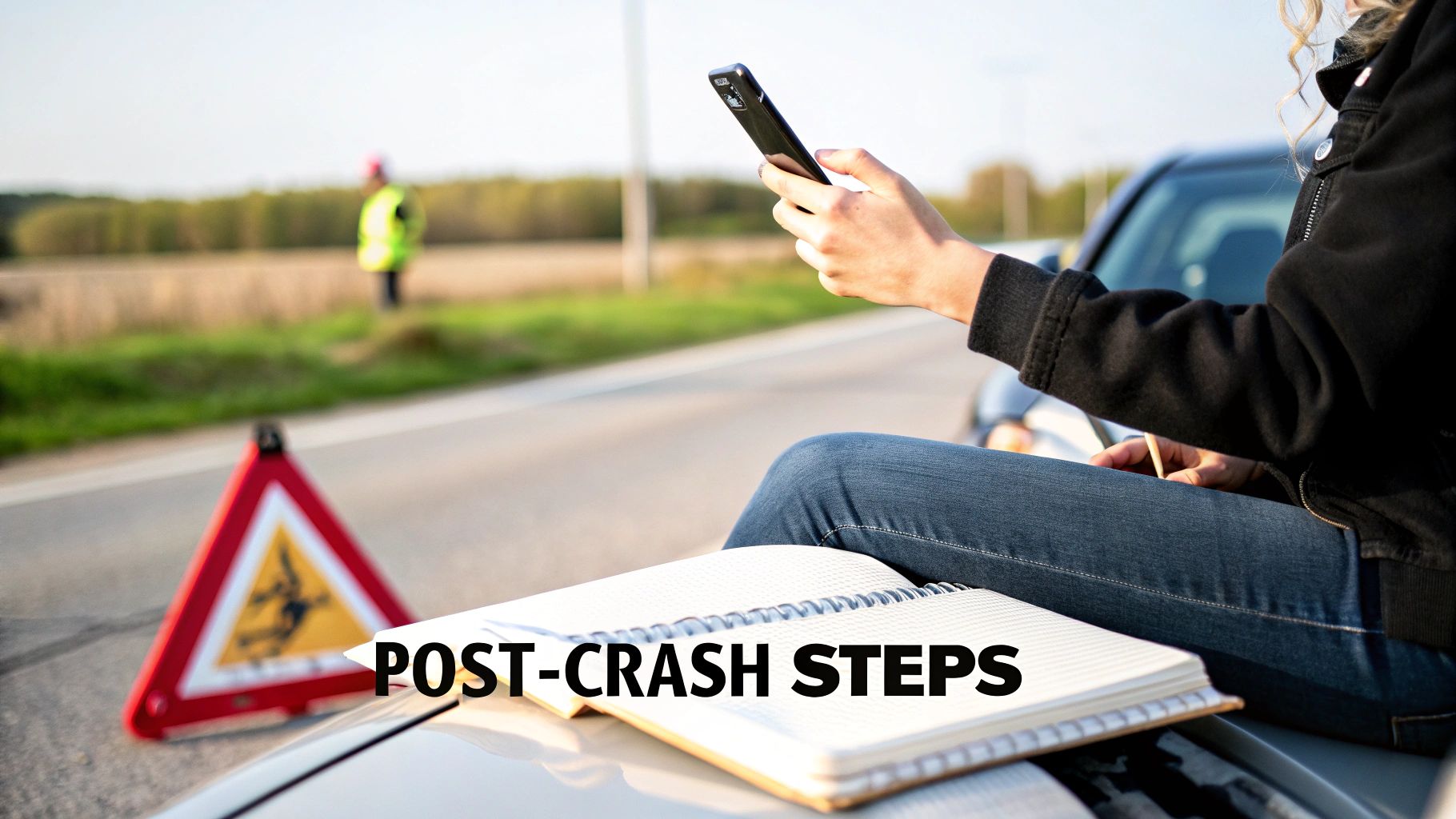 A person uses a phone and notebook by a broken-down car with a warning triangle on a roadside.
