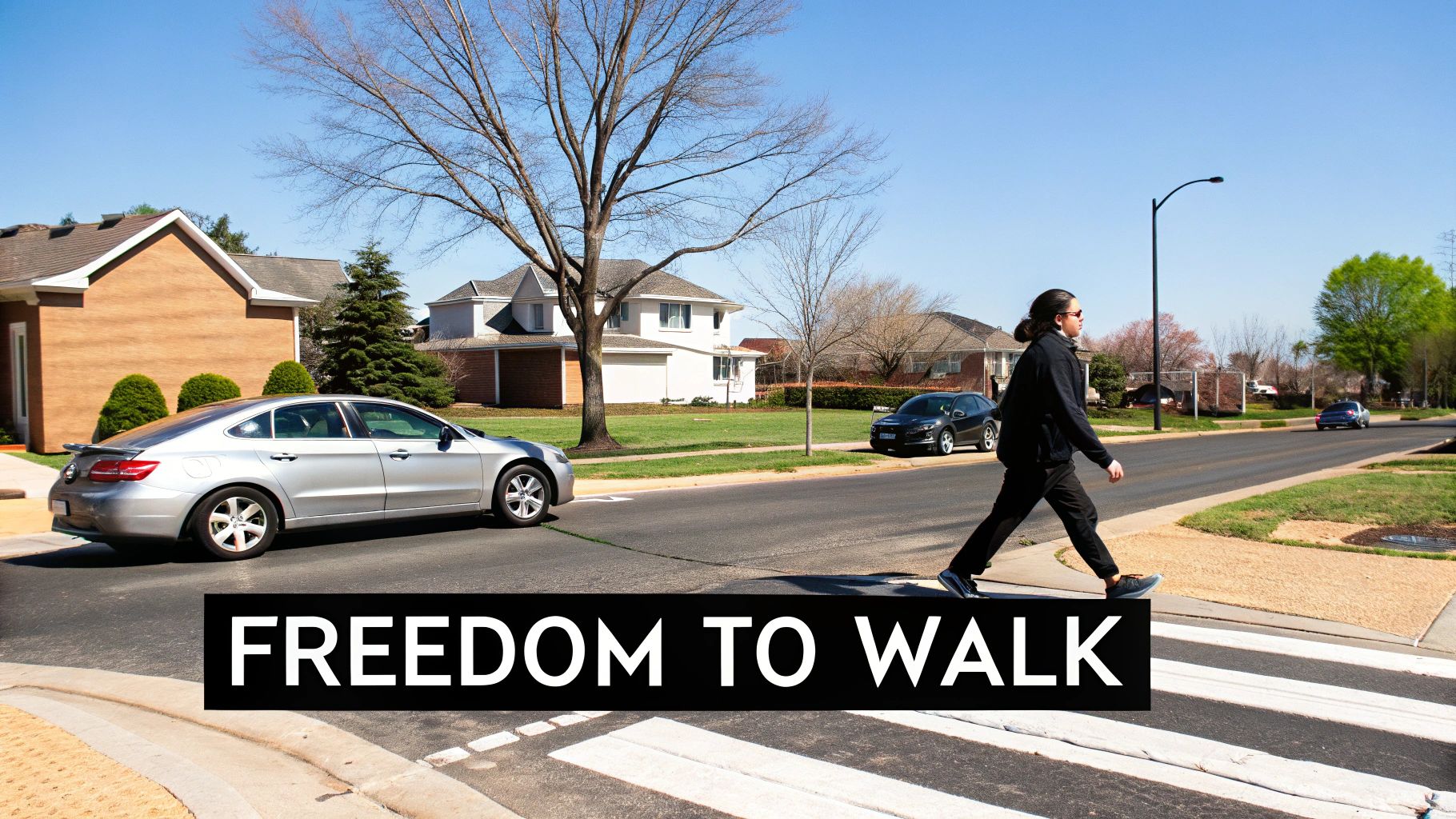 A person with long hair and sunglasses walks across a crosswalk on a sunny day in a suburban neighborhood.
