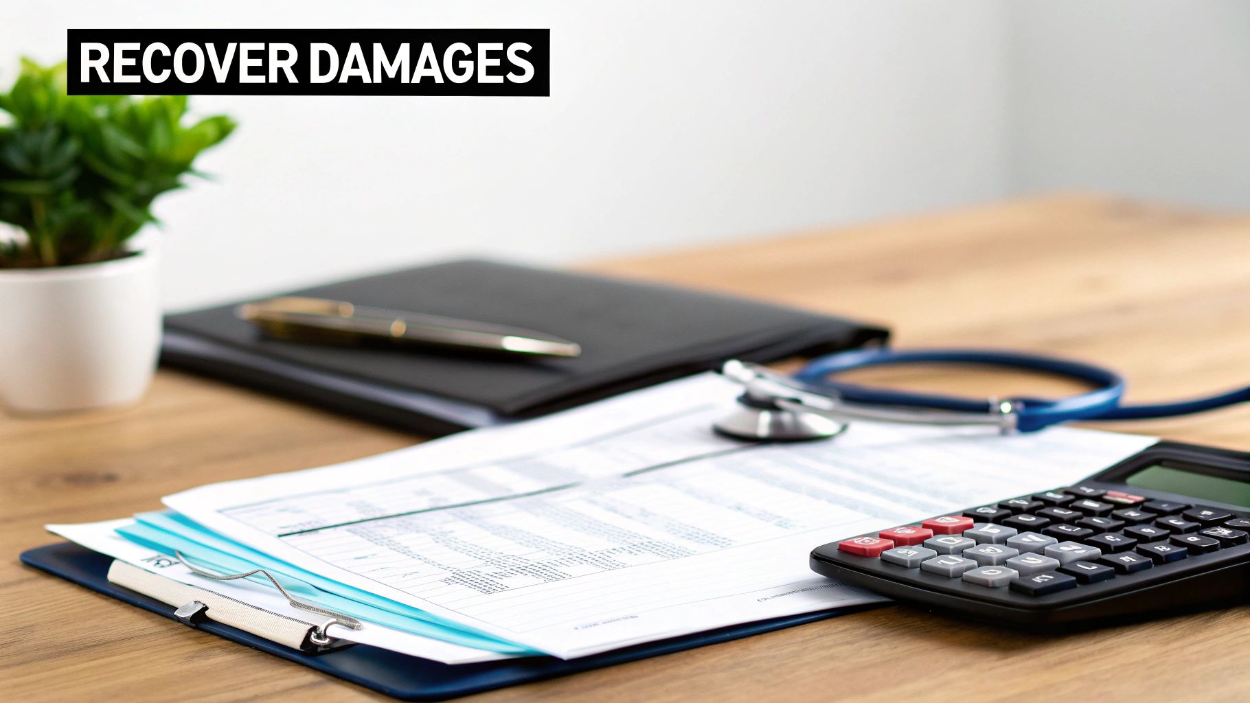 A calculator and pen resting on top of medical bills and documents