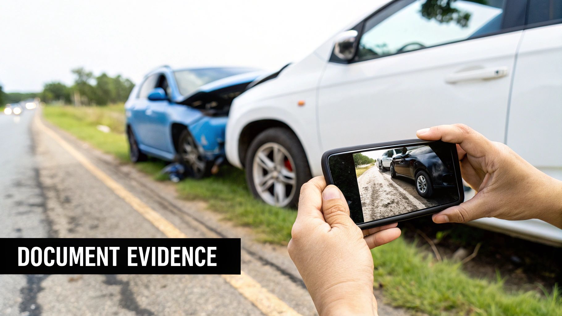 A person taking a photo of car damage with their smartphone after a collision.