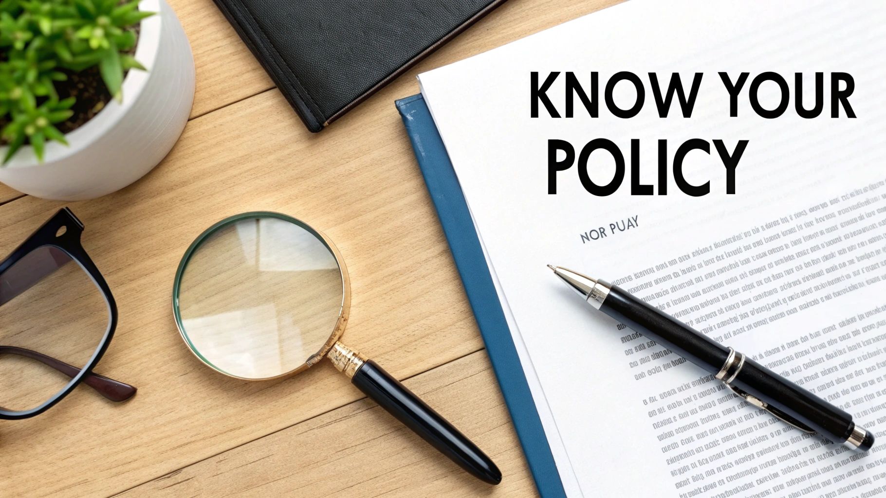A document titled 'KNOW YOUR POLICY' on a wooden desk with a magnifying glass, pen, and glasses.