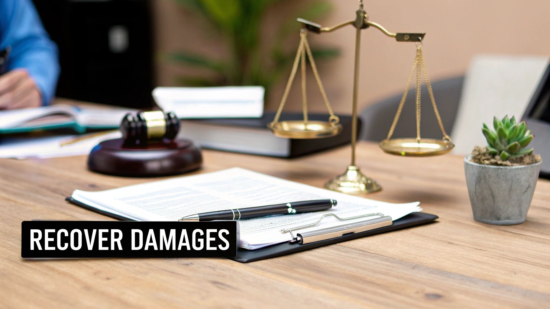 A legal desk setup with scales of justice, gavel, and documents, suggesting advice on recovering damages.