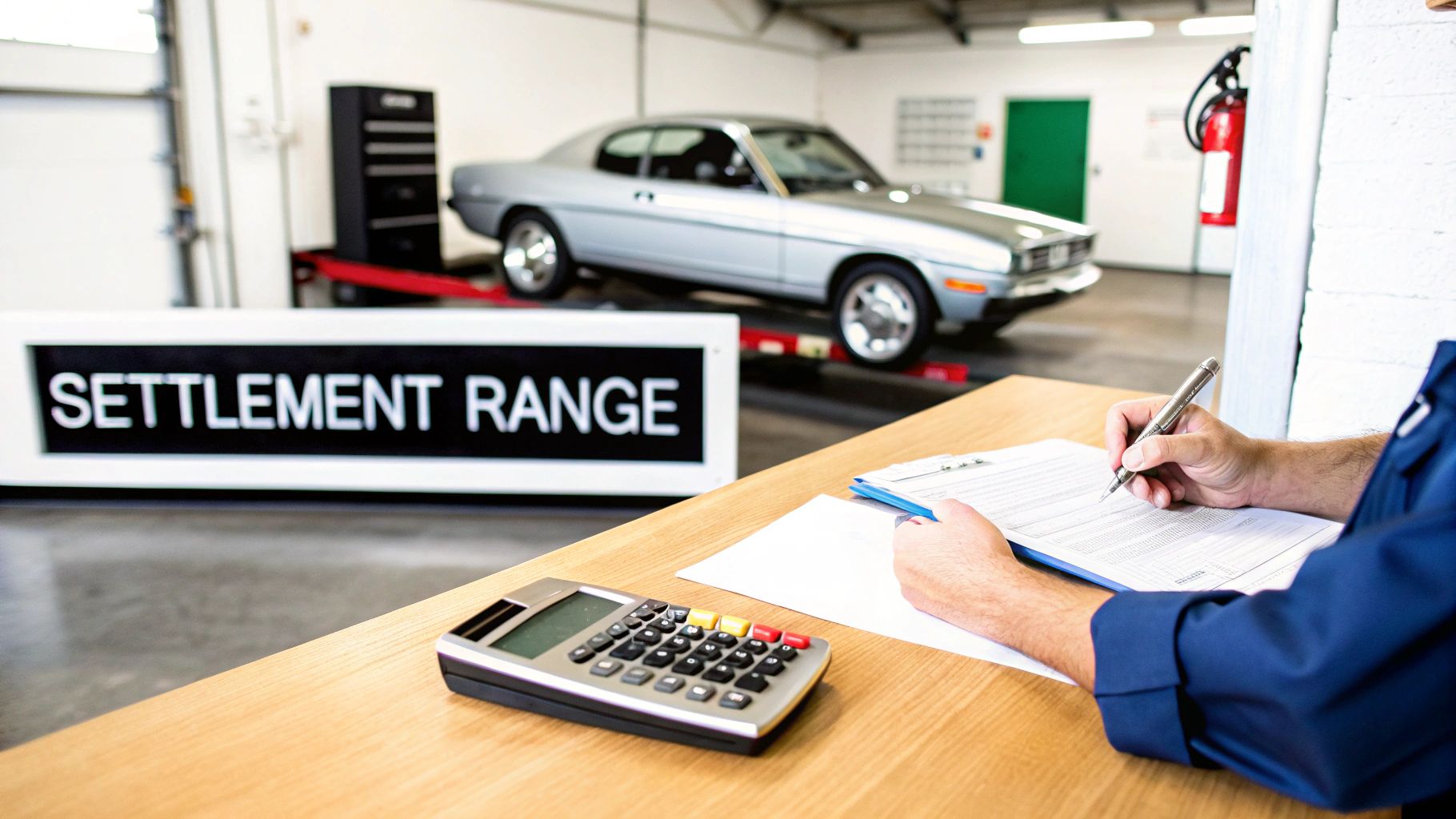 Person at desk with calculator and paperwork in a car garage, next to a "SETTLEMENT RANGE" sign and a car.