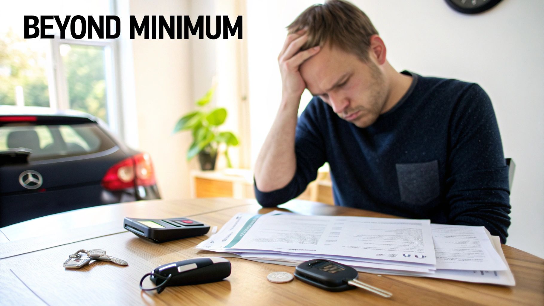 A man looks stressed while reviewing financial papers and car keys on a table.