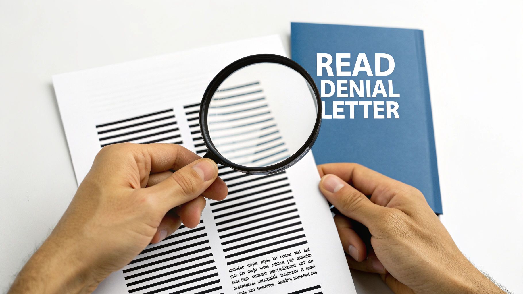 A close-up of an insurance denial letter being reviewed with a magnifying glass.