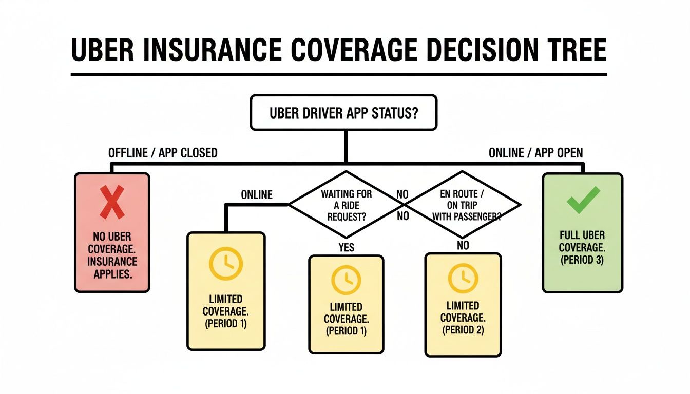 A decision tree flowchart illustrating Uber insurance coverage periods based on driver app status.
