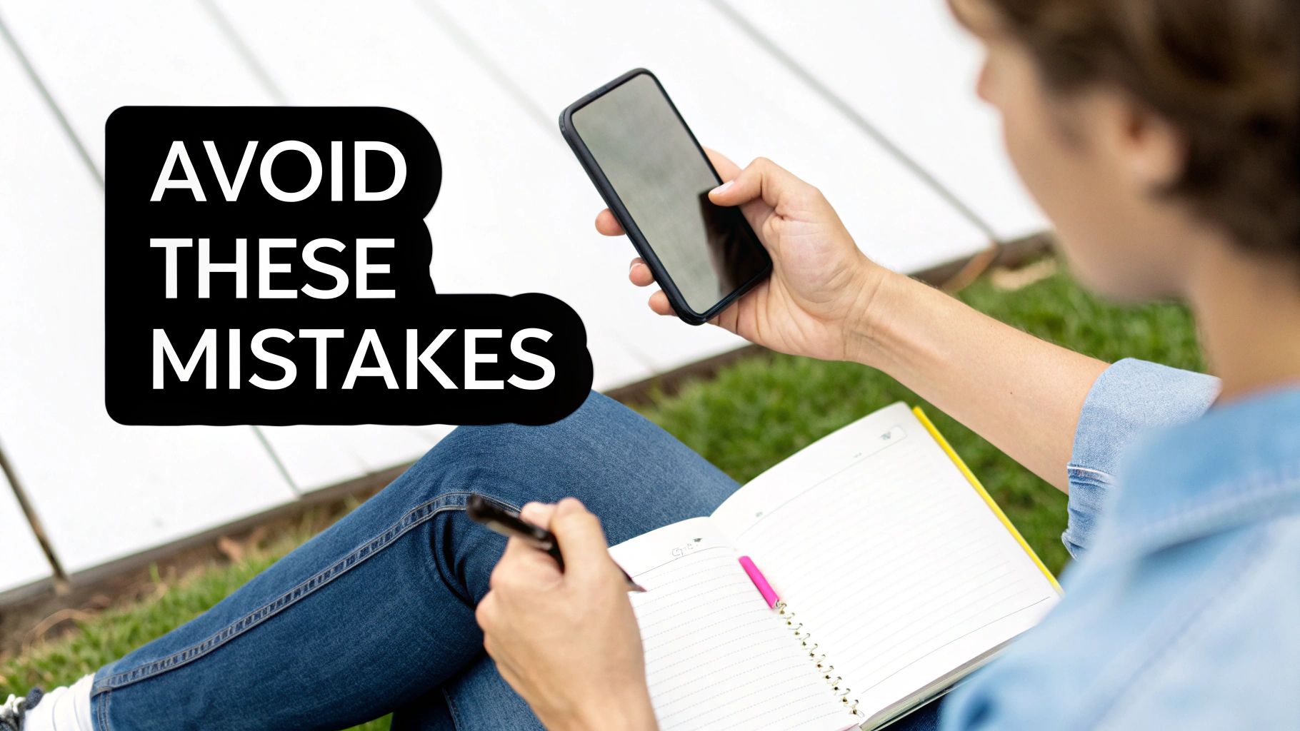 A person sitting outdoors, holding a smartphone and writing in a notebook, with the text "AVOID THESE MISTAKES".