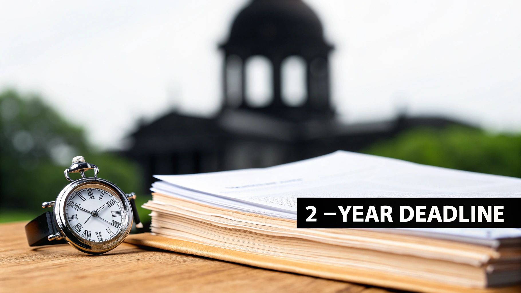 A pocket watch and stack of documents on a desk with a blurred courthouse and '2-YEAR DEADLINE' text.