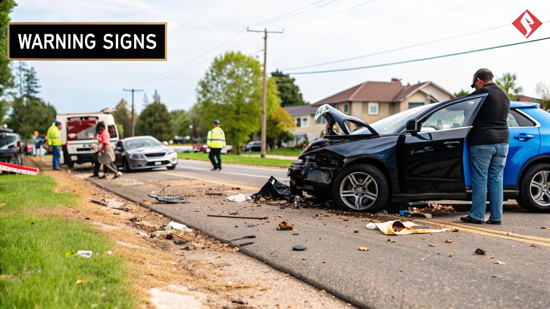 An accident scene with police cars and flashing lights.