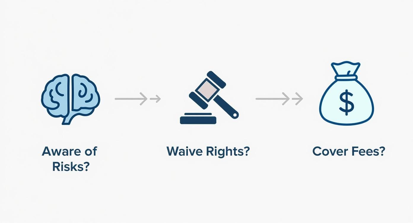 A flowchart showing three steps: 'Aware of Risks?' (brain), 'Waive Rights?' (gavel), and 'Cover Fees?' (money bag).