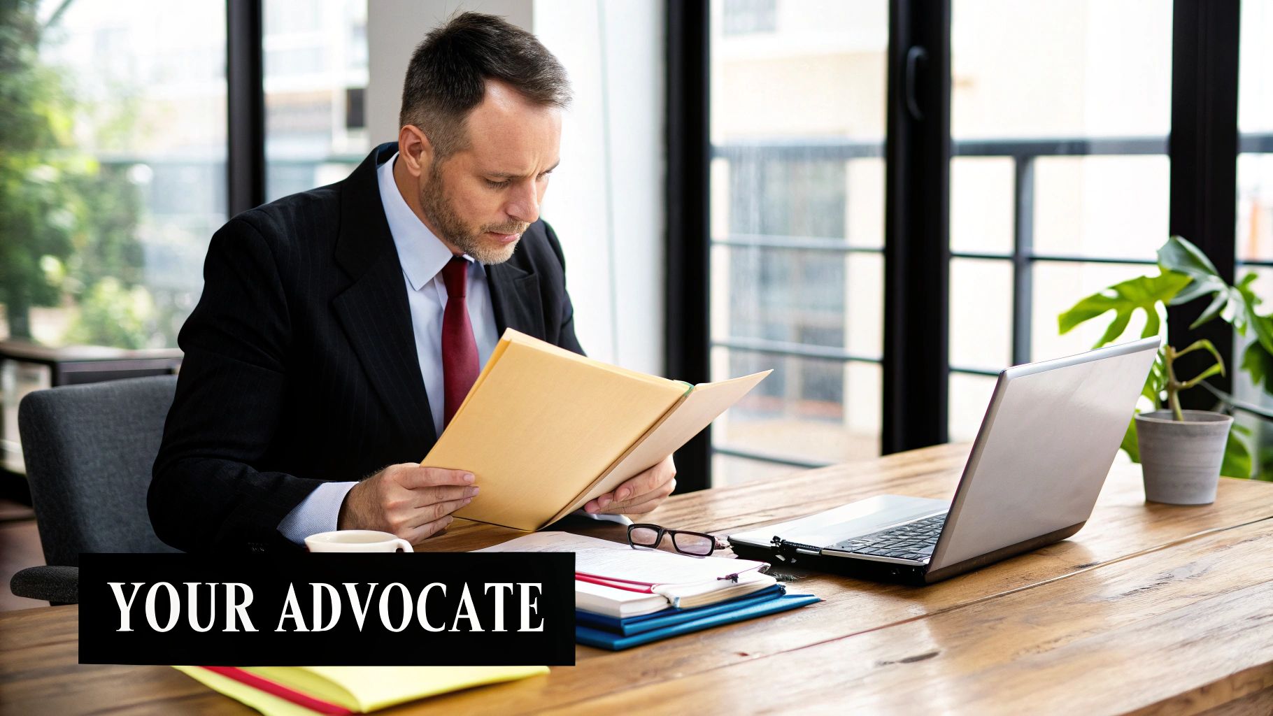 An attorney in a suit reviewing documents at a large wooden desk, conveying a sense of focused advocacy.