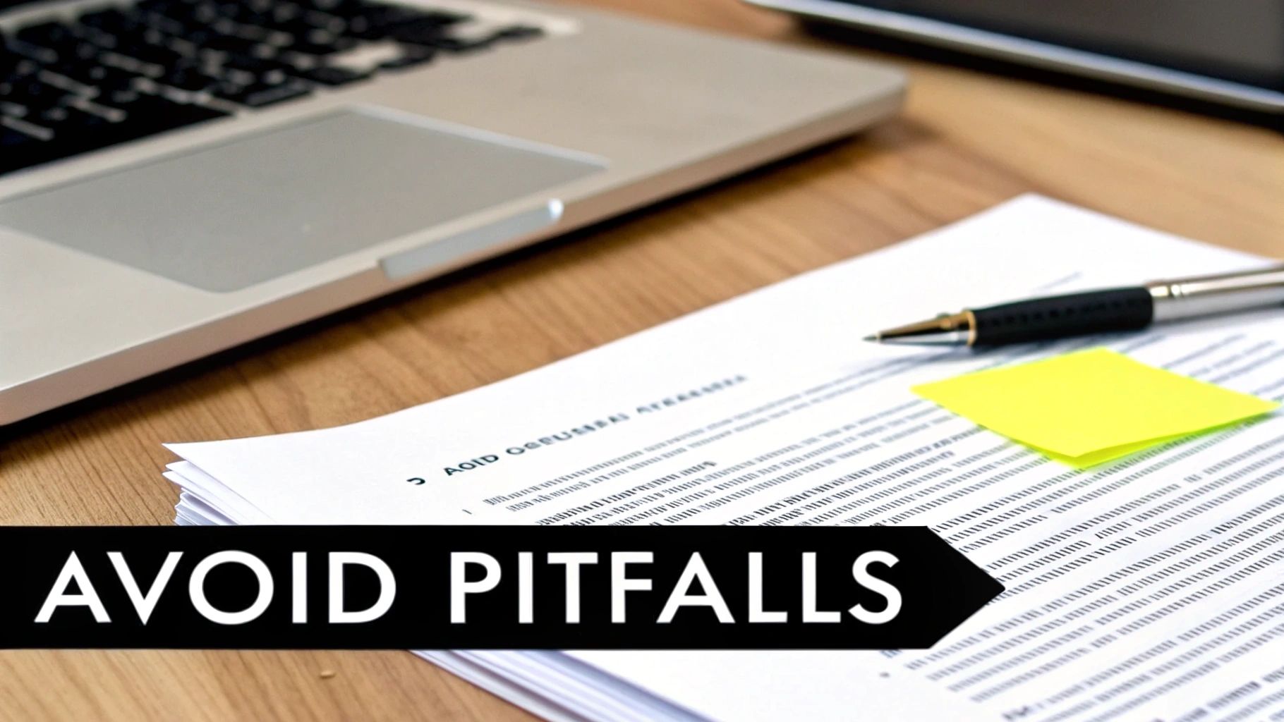 A laptop, stack of documents, pen, and yellow sticky note on a desk, with 'AVOID PITFALLS' text overlay.