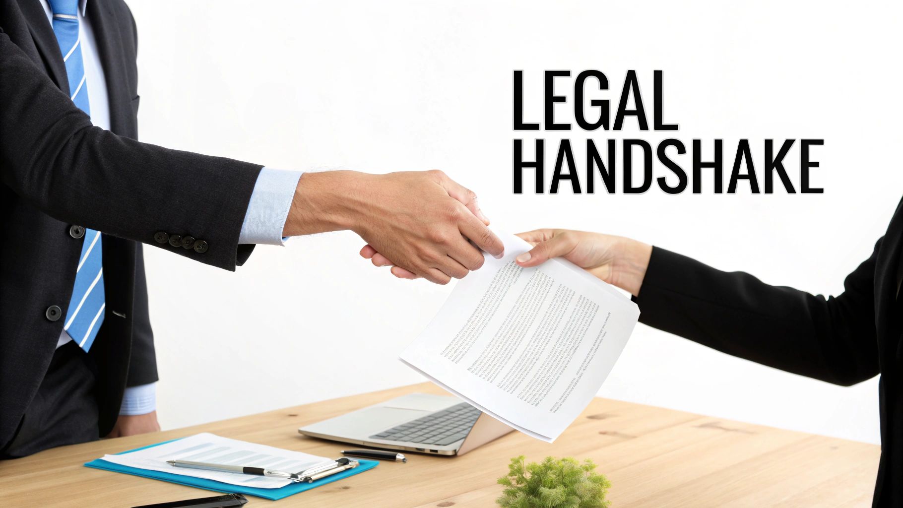 Two professionals shaking hands while exchanging legal documents on a desk with a laptop.