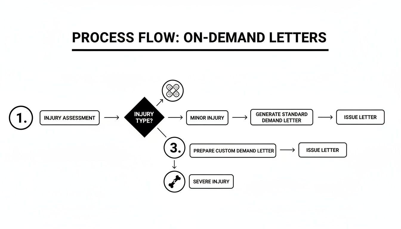 A process flow diagram illustrates the steps for generating on-demand letters based on injury type.