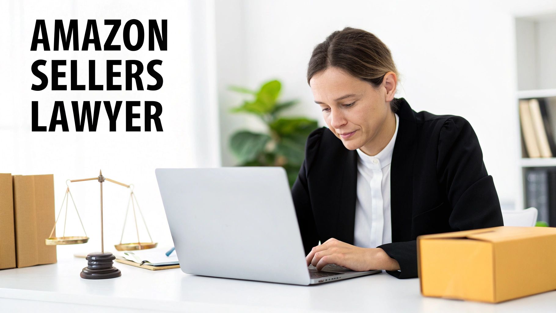 A female Amazon sellers lawyer works on a laptop at a desk with scales of justice.