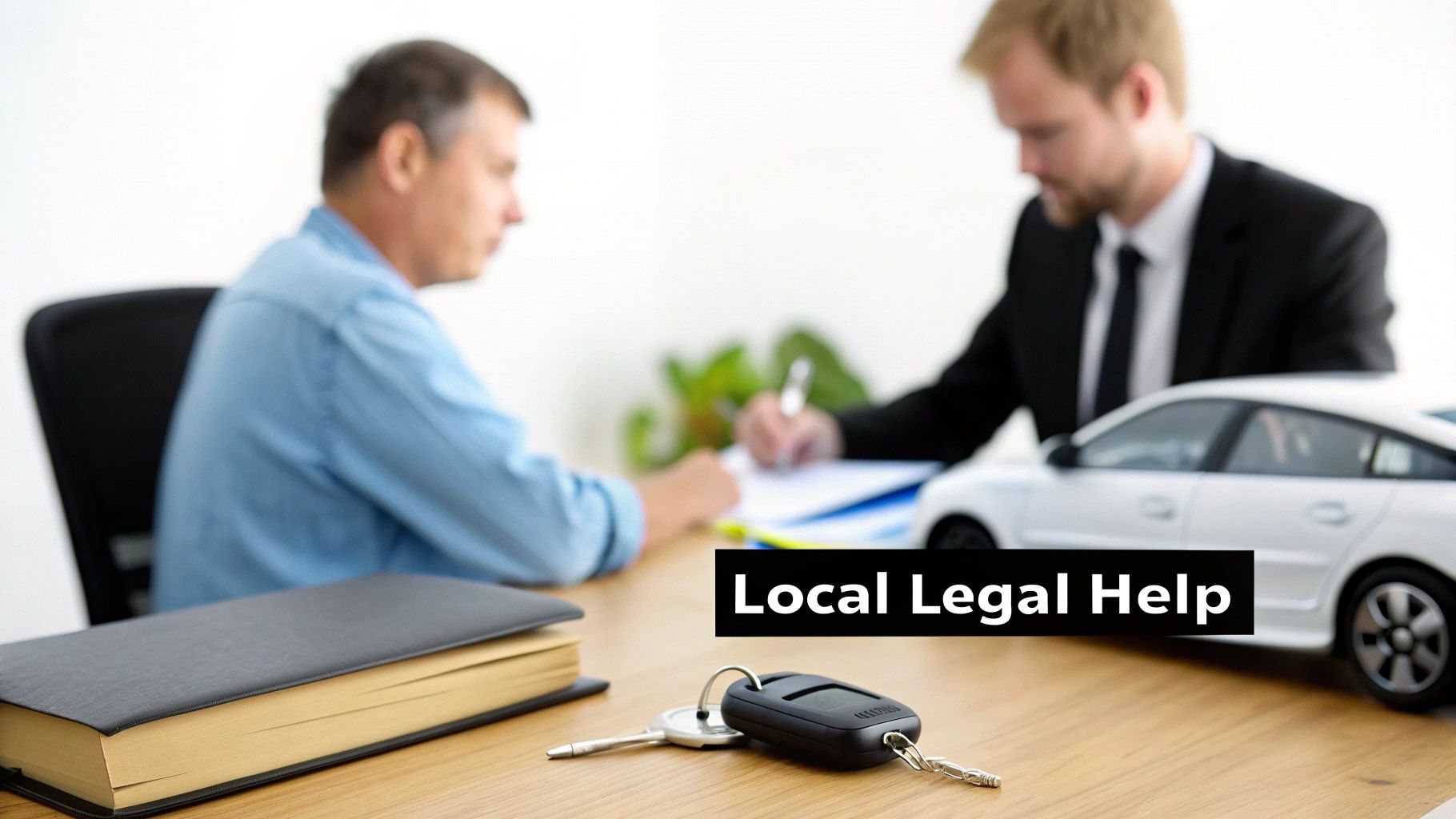 Two men, one signing papers, discuss car-related legal matters with a car model and keys on the table.