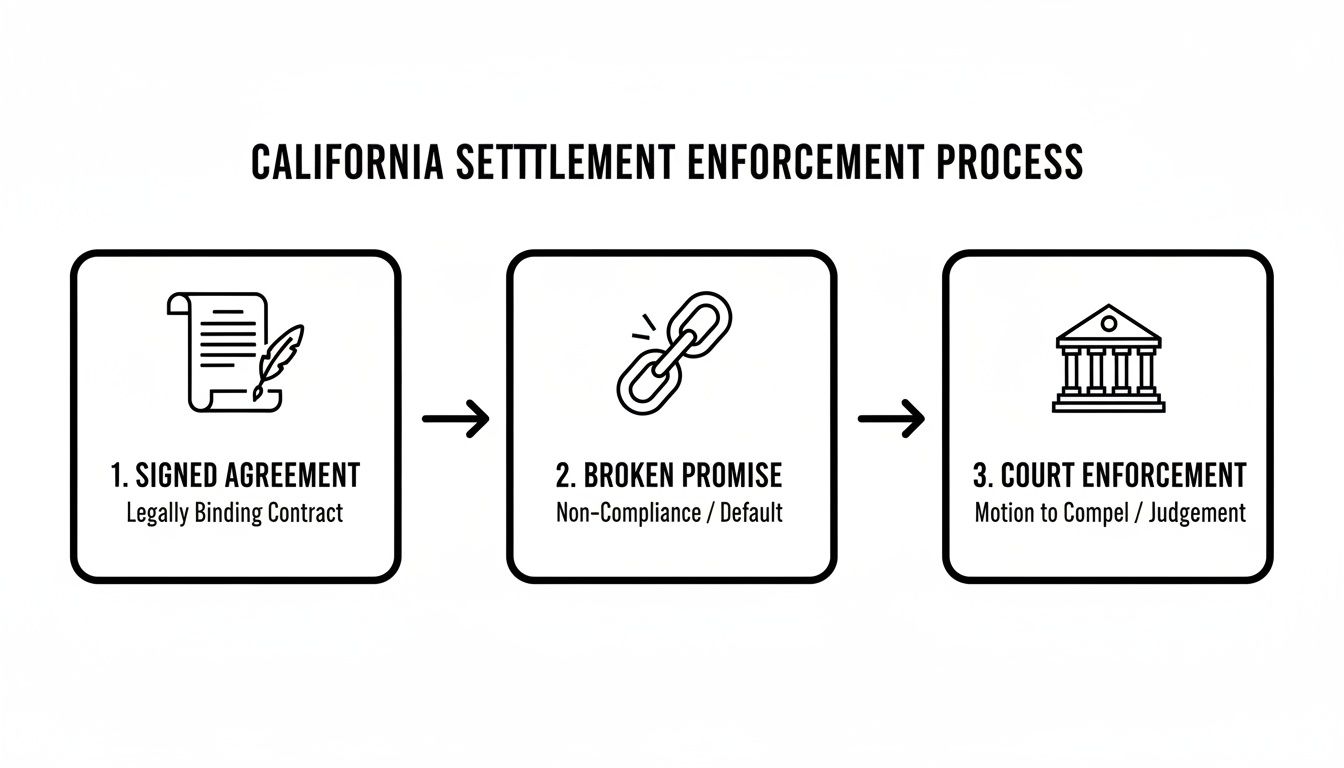 A diagram outlining the California settlement enforcement process with three steps: signed agreement, broken promise, and court enforcement.