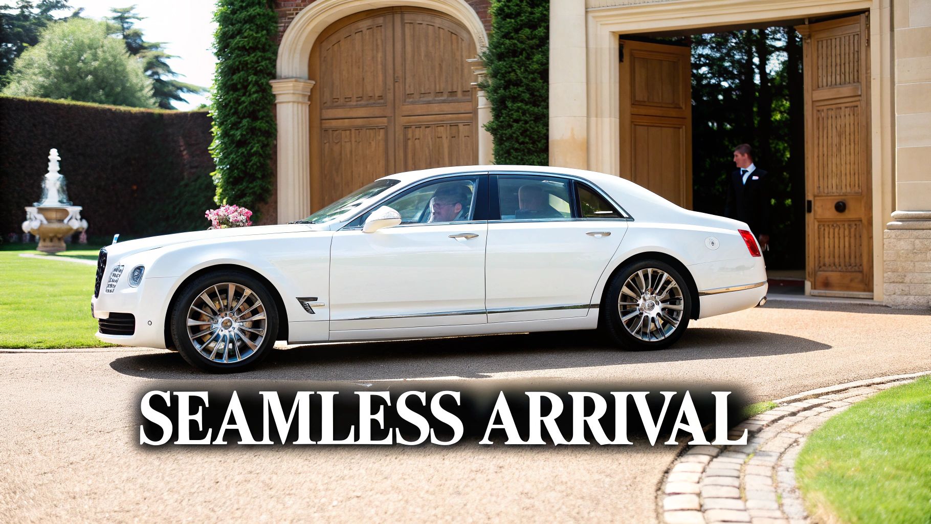 Elegant white limousine parked in front of a wedding venue