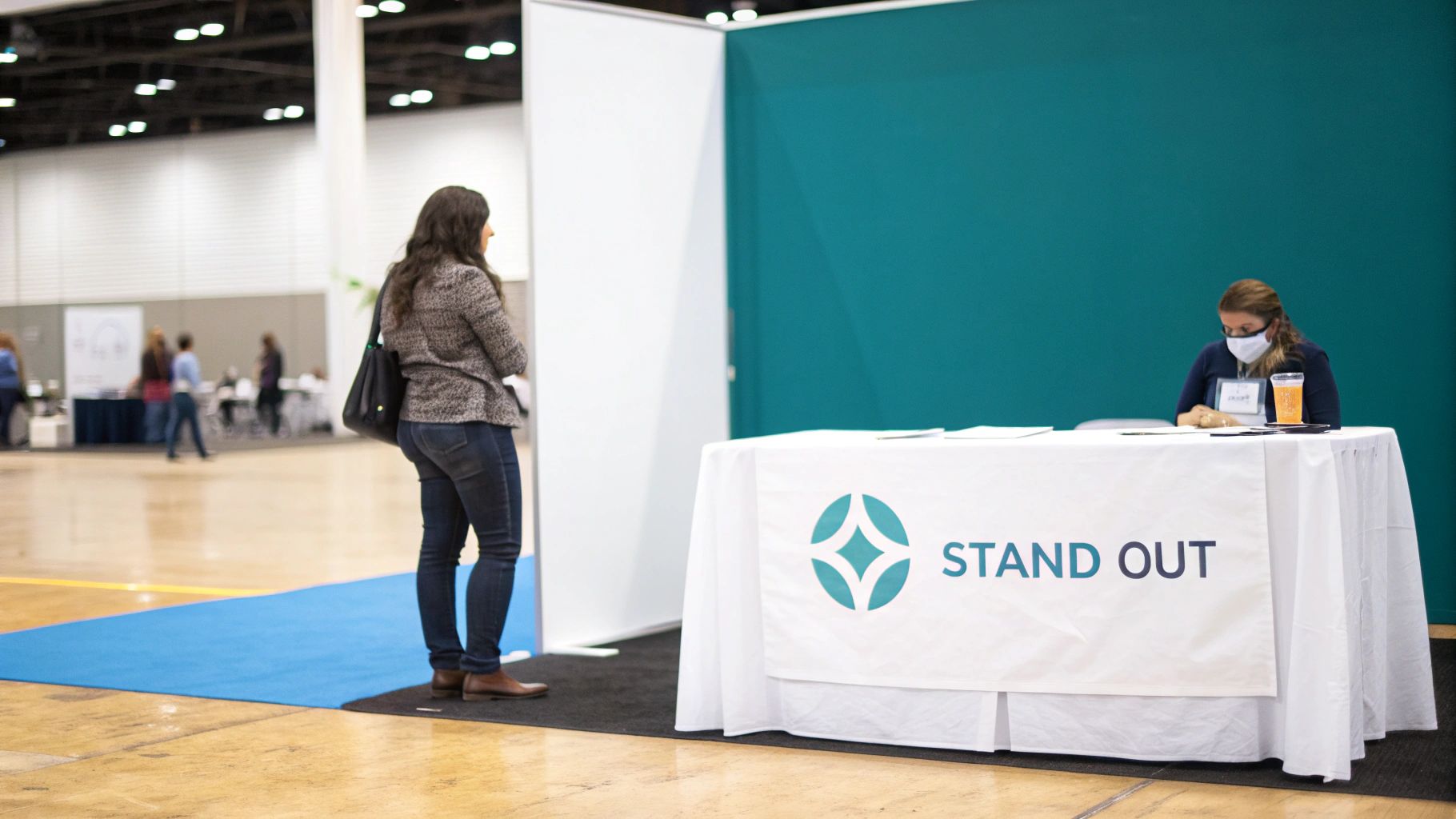 A professionally designed custom table cover with a company logo at a trade show event, creating an inviting and branded focal point for the booth.