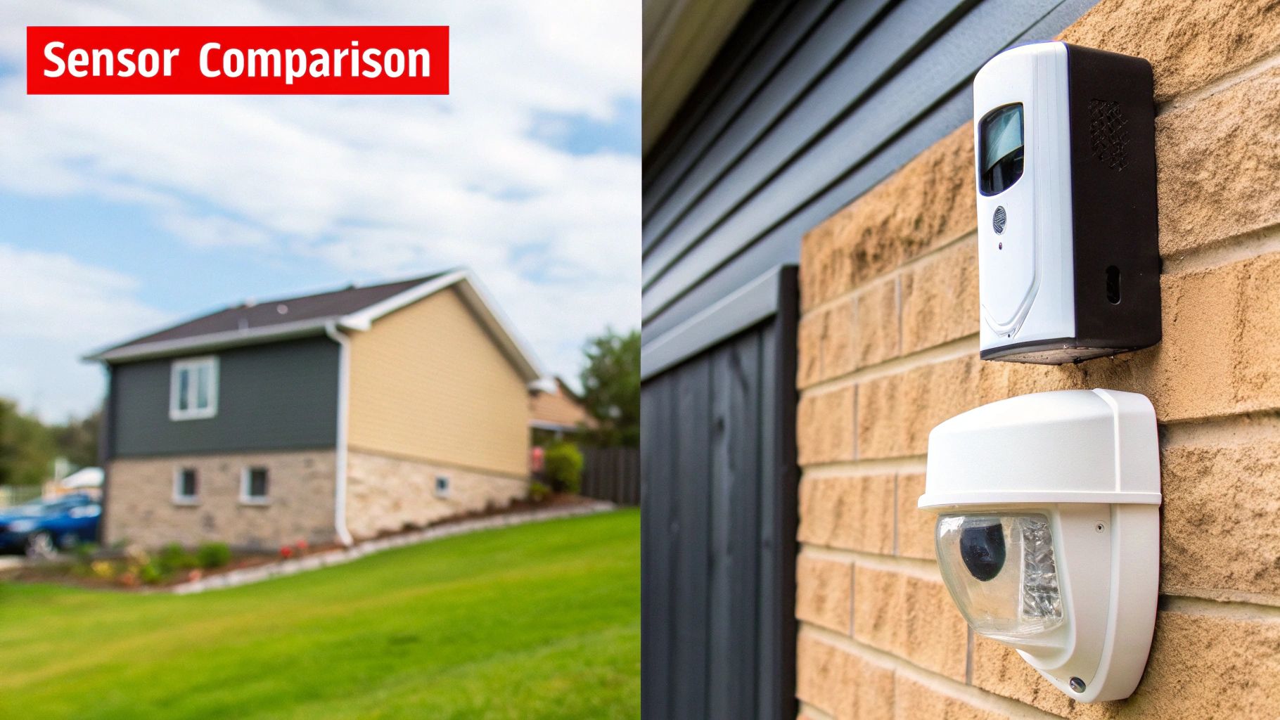A technician inspecting a commercial overhead door garage door sensor in a warehouse setting.