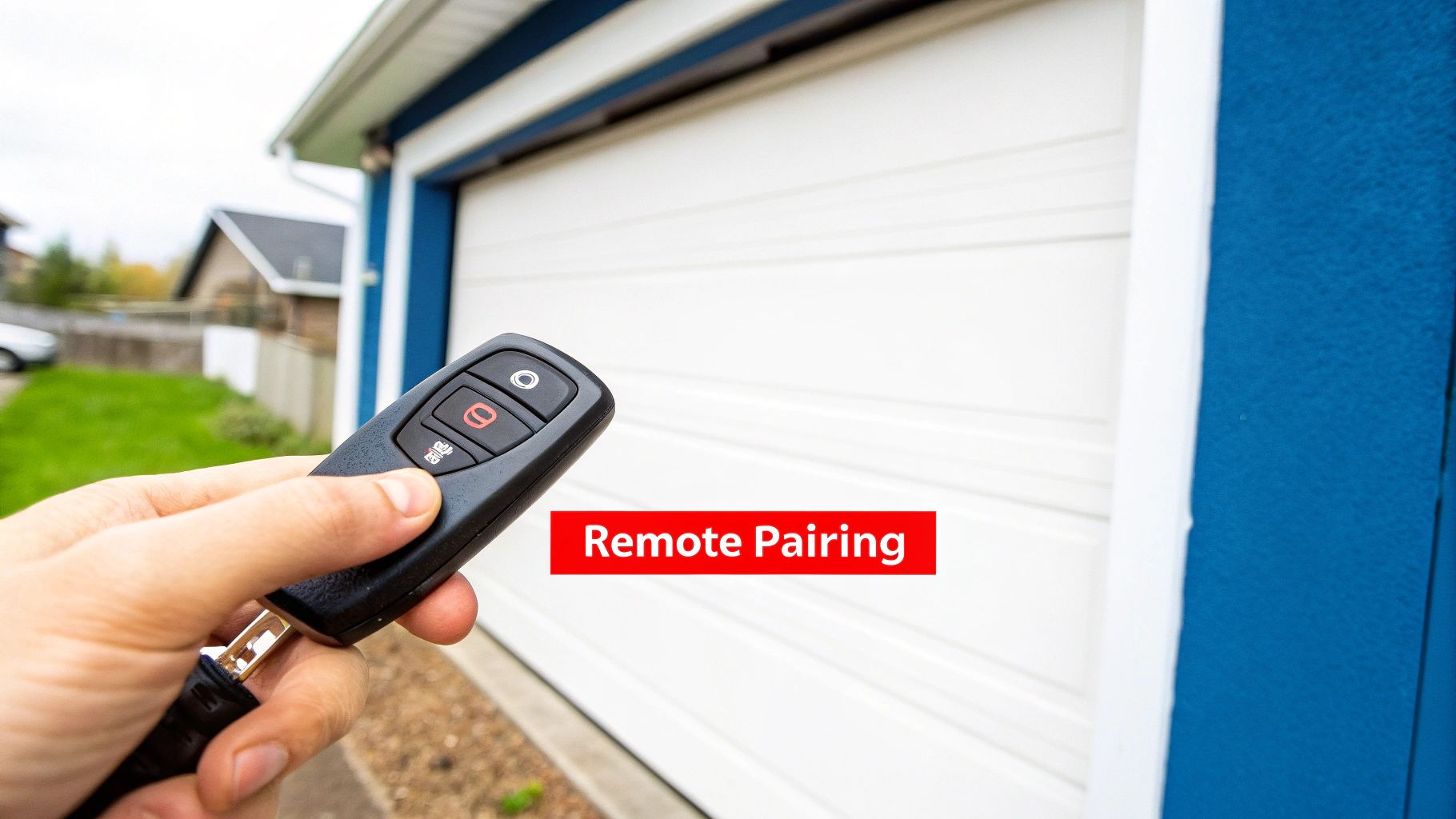 A person entering a code on a wireless garage door keypad mounted on the exterior of a home.