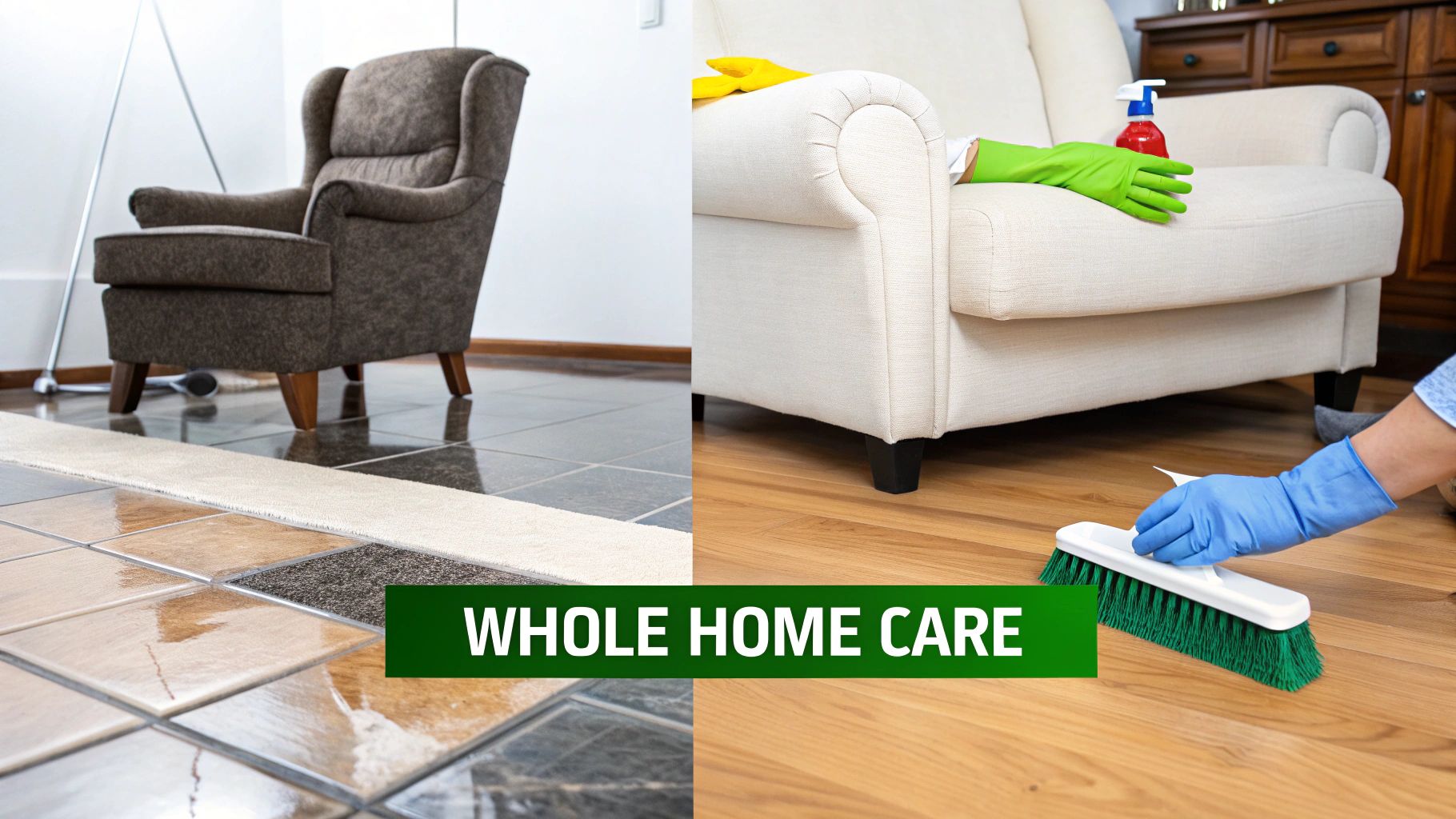 A professionally cleaned living room showing clean tile and upholstery.