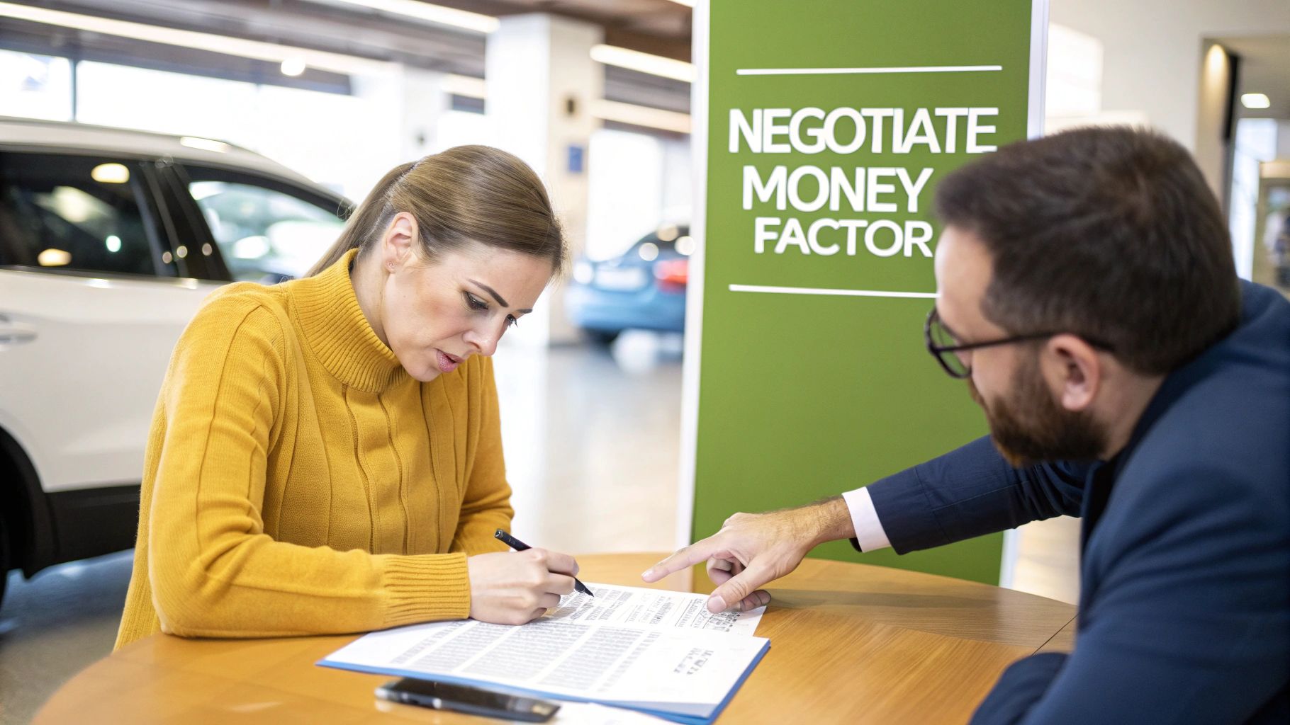 Two people shaking hands over a table with car keys and paperwork.