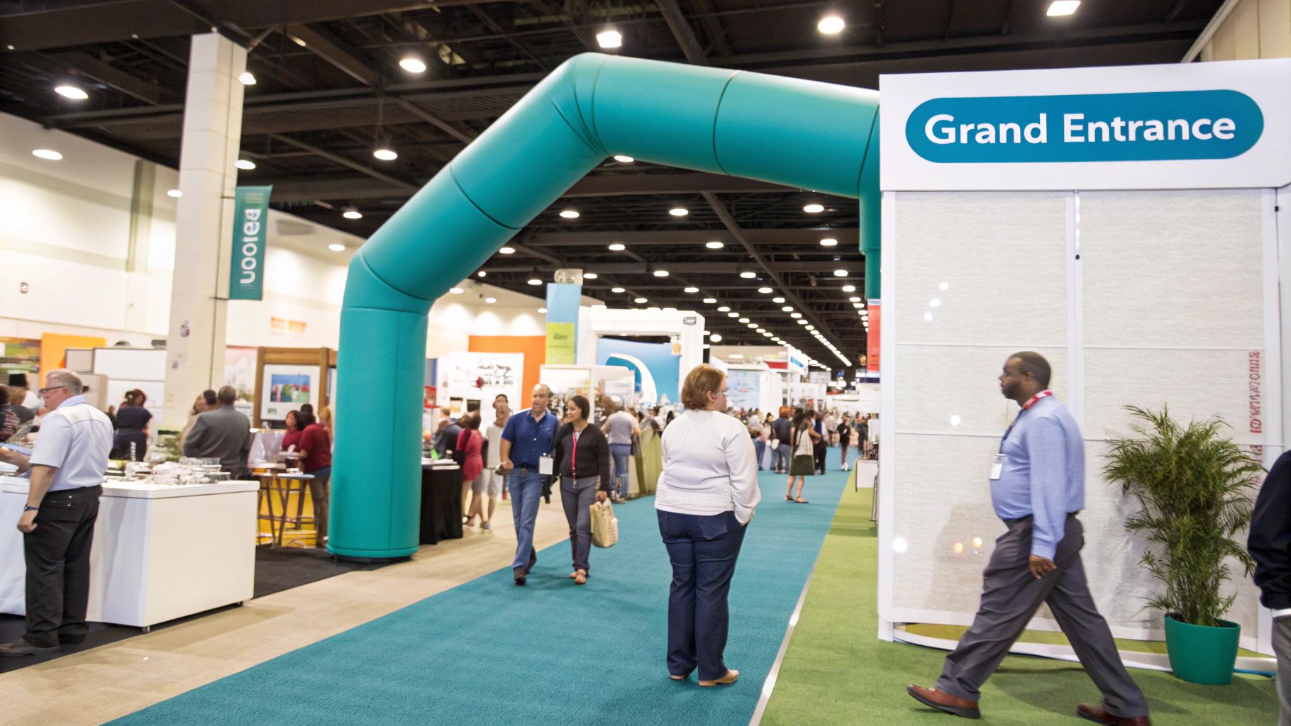 A large, custom inflatable arch with branding stands at the entrance of a trade show, attracting attendees.