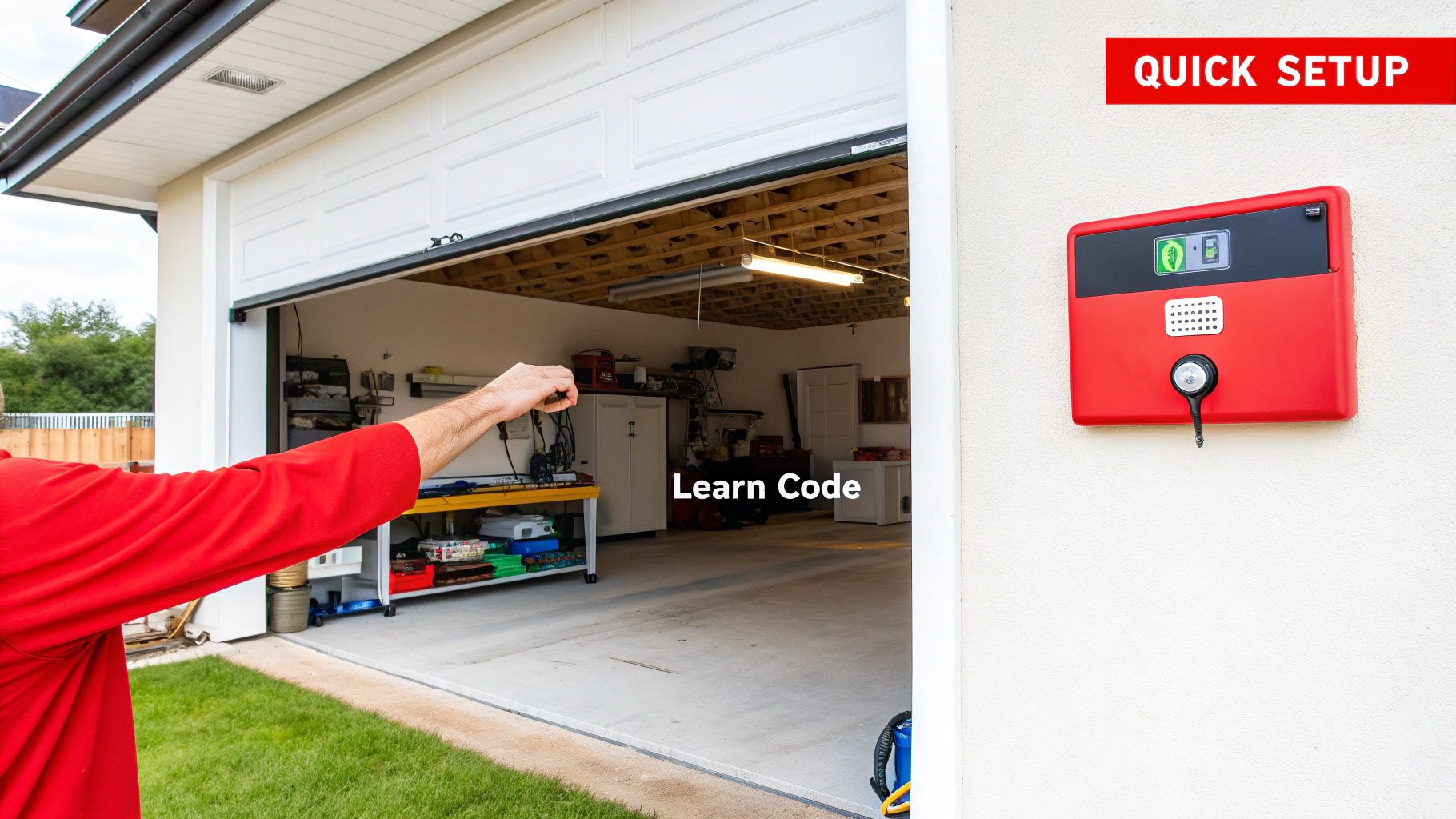 A close-up view of a person programming their Overhead Door garage door opener remote.
