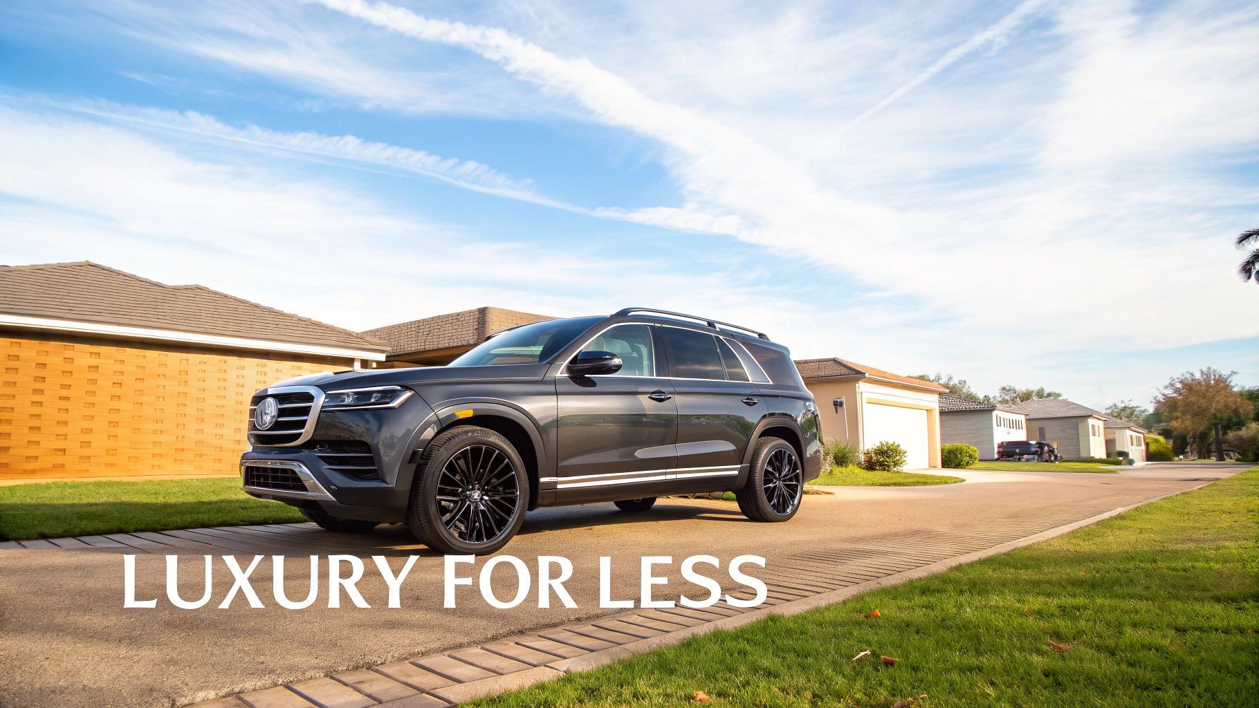 A professional couple smiling confidently in front of a modern luxury SUV parked in a driveway.