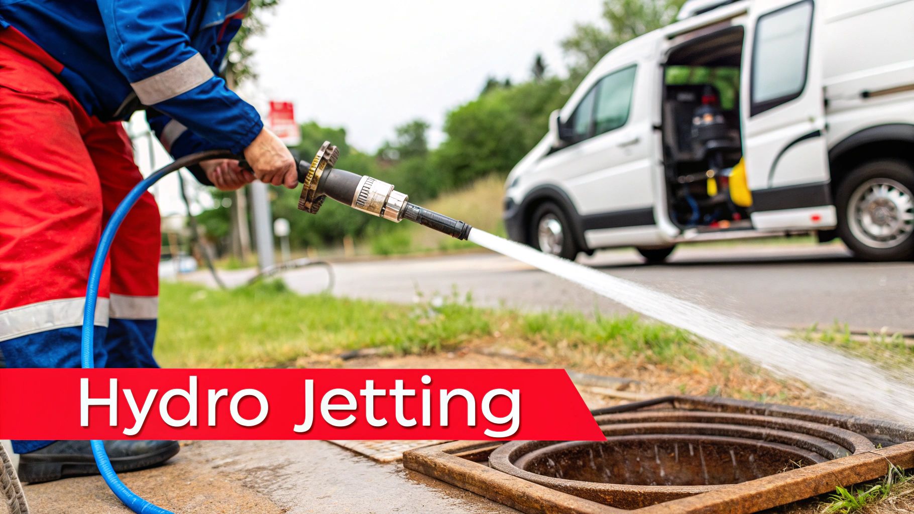 A high-pressure hydro jetting nozzle cleaning the inside of a sewer pipe, illustrating its power and effectiveness.