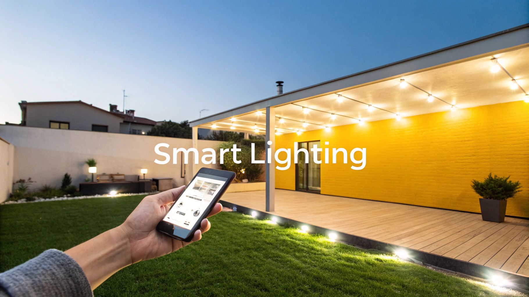 A modern outdoor lighting system with color-changing features illuminating a backyard patio and pool area.